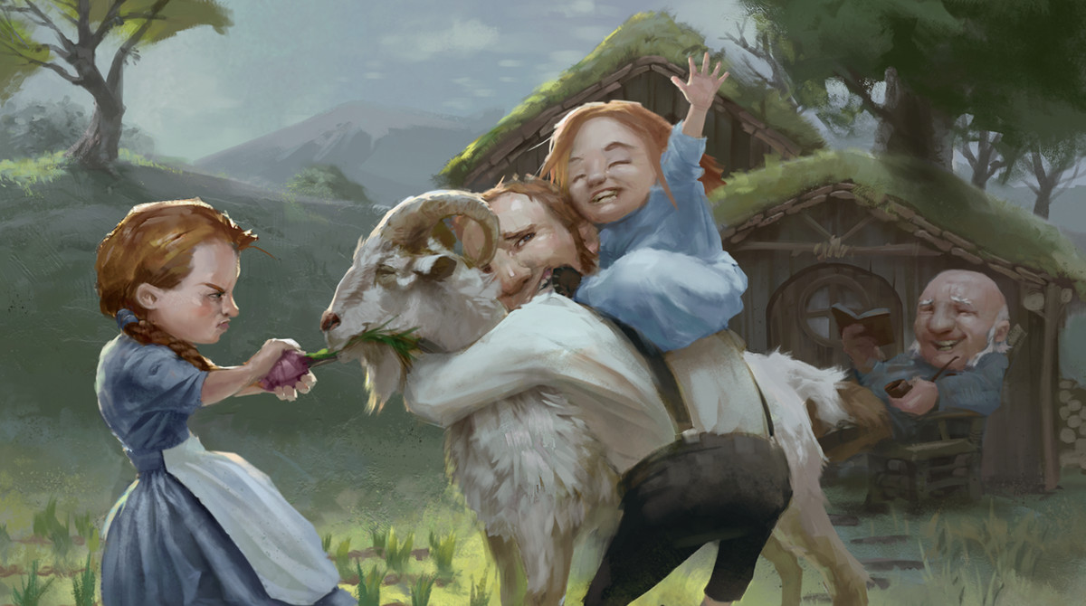 Donjons &  Dragons Mordenkainen's Tome of Foes - un père halfelin se bat avec ses filles, qui se disputent la chèvre familiale.