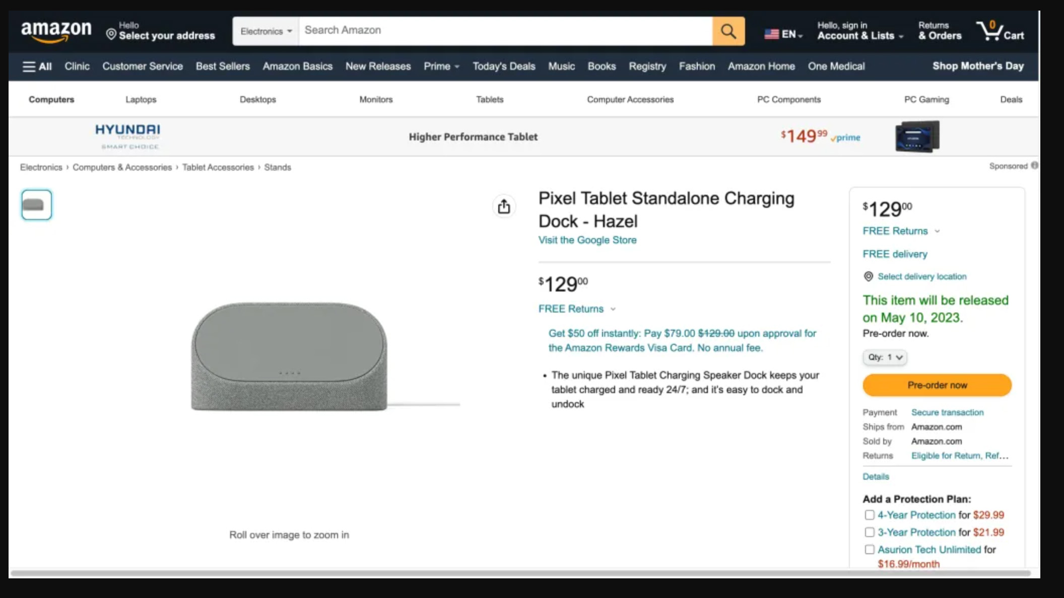 Une capture d'écran d'une page de magasin Amazon pour le Google Pixel Tablet Dock, qui coûte 129 $