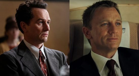 Matthew Rhys sitting in court in Perry Mason and Daniel Craig sitting in a dining car in Casino Royale, pictured side by side.