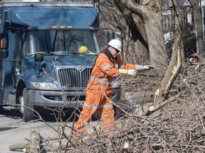 Un travailleur d'Hydro dégage les branches tombées d'une rue à la suite d'une tempête de verglas à Montréal le vendredi 7 avril 2023.