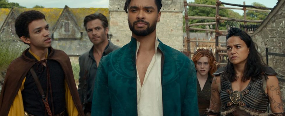 Justice Smith plays Simon, Chris Pine plays Edgin, Rege-Jean Page plays Xenk, Sophia Lillis plays Doric and Michelle Rodriguez plays Holga in Dungeons & Dragons: Honor Among Thieves