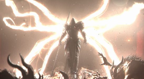 Diablo 4 — the rogue archangel Inarius spreads his spooky tendril wings, blinding nearby demons.
