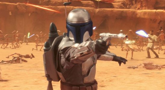Jango Fett pointing blaster in Star Wars: Attack of the Clones