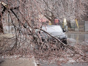Des branches d'arbres tombées sont montrées dans une rue suite à une accumulation de pluie verglaçante à Montréal, le mercredi 5 avril 2023.