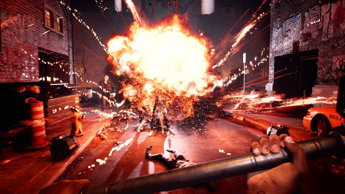 Une explosion se produit dans la rue de Hell-A juste devant le protagoniste de Dead Island 2