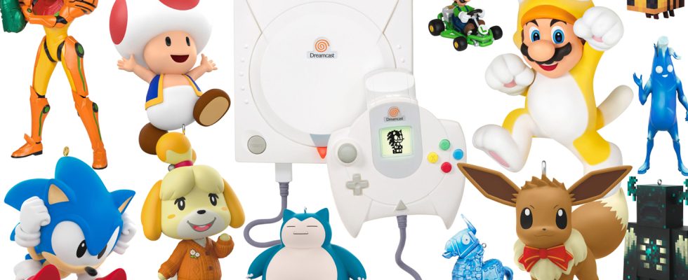A list of all 2023 video games Hallmark Keepsake Ornaments, including Nintendo & Sega - Mario, Metroid, Animal Crossing, Pokémon, Sonic, Dreamcast, Fortnite, Minecraft