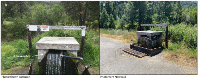 CHIFFRE.  Point d'eau A, avant toute intervention (A) et après coupure définitive de l'alimentation en eau (B) — Montana, 2022.