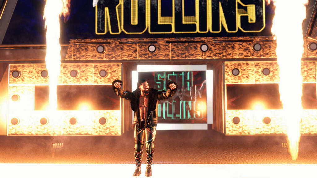 Image montrant l'entrée de Seth Rollins avec un feu flamboyant de chaque côté de lui