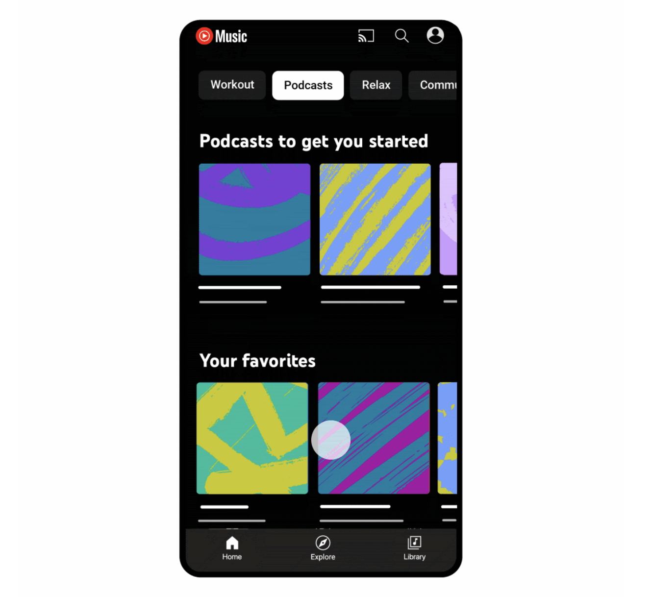 Page d'accueil YouTube Music avec podcasts