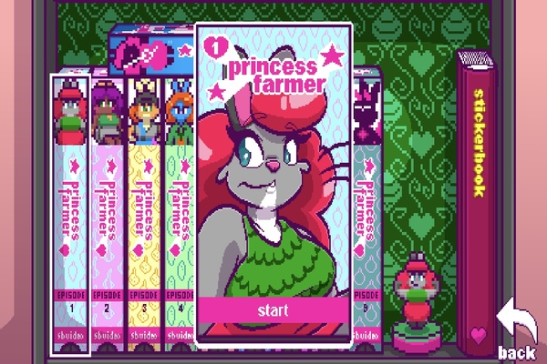 L'écran de sélection de niveau Princess Farmer apparaît sous la forme d'une série de cassettes VHS colorées avec le personnage principal de chaque chapitre sur la couverture.