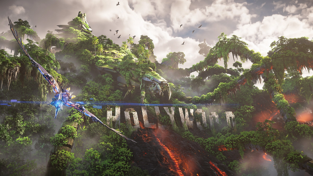 Horizon Forbidden West: Capture d'écran de Burning Shores montrant Aloy survolant les ruines du panneau Hollywood.