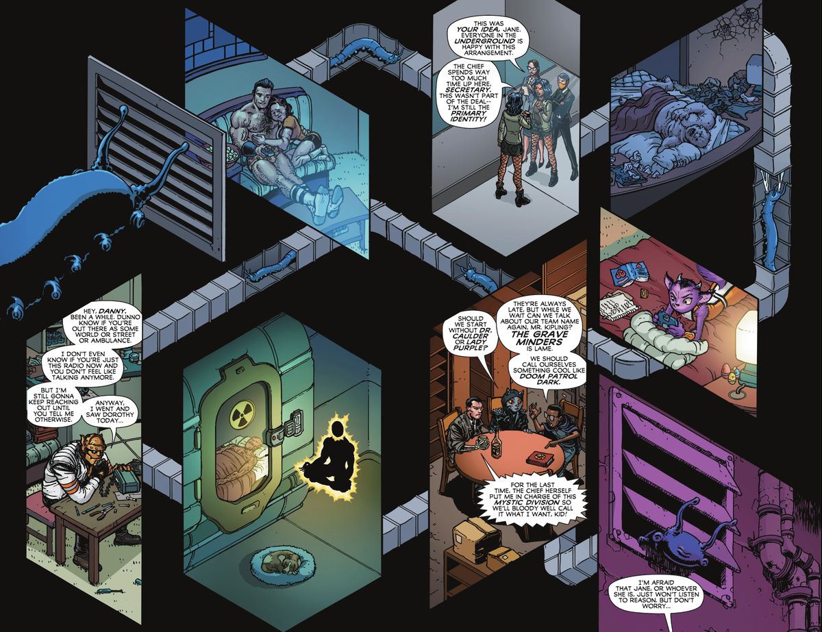 Une série de coupes transversales de pièces au siège de Doom Patrol, des personnages de toutes les époques de Doom Patrol se détendent et se rattrapent dans Unstoppable Doom Patrol # 1 (2023).
