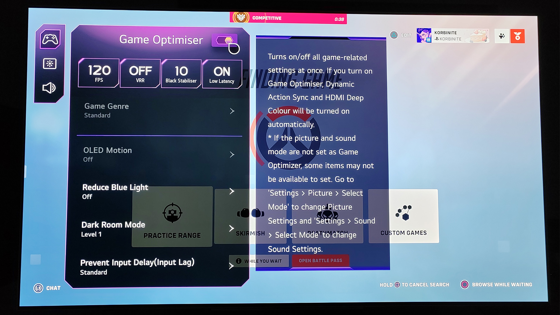 Optimiseur de jeu de LG OLED G3 affichant le menu et les options de l'interface utilisateur sur les menus du jeu Overwatch.