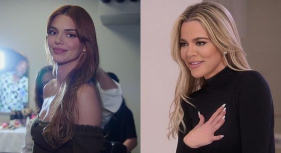 From left to right: Kendall Jenner looking at the camera and Khloe Kardashian looking to her left with her hand on her heart.