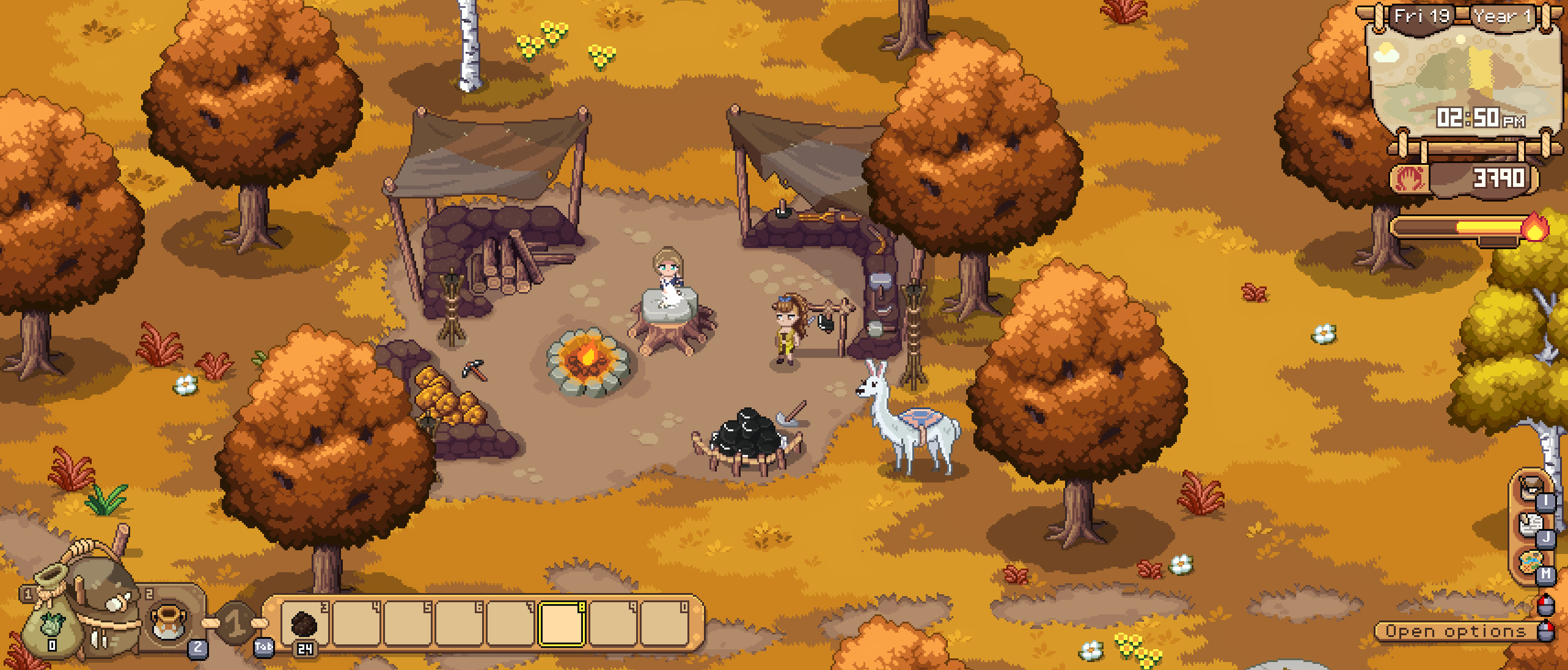 Roots of Pacha - Un joueur se tient près du poste de travail d'Acre à l'automne.