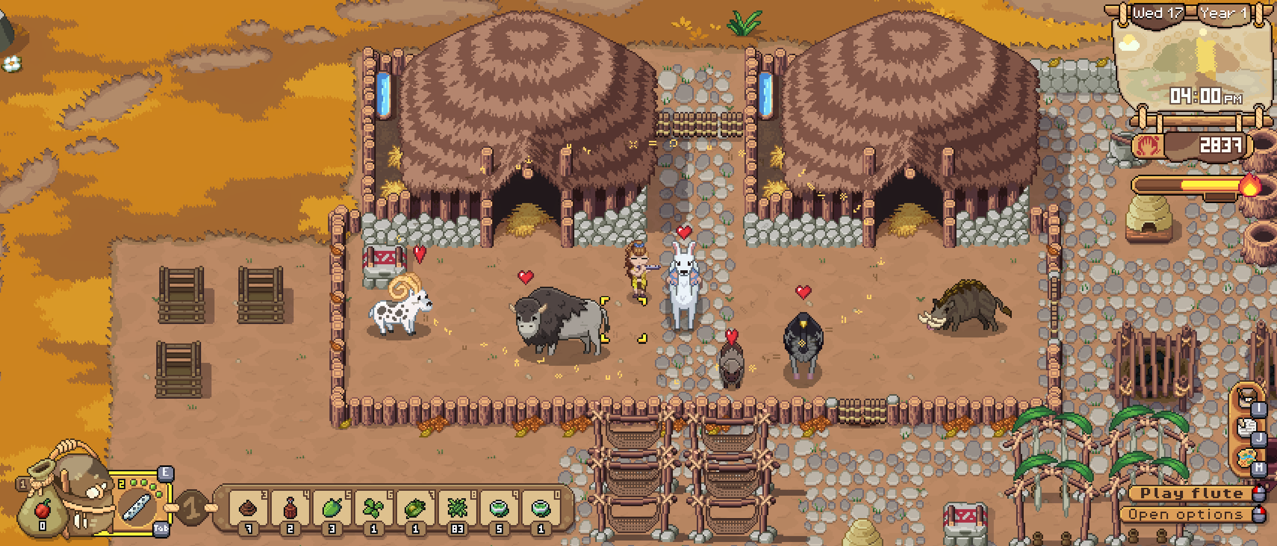 Roots of Pacha - un joueur se tient entre deux petites granges jouant de la flûte pour son bétail.