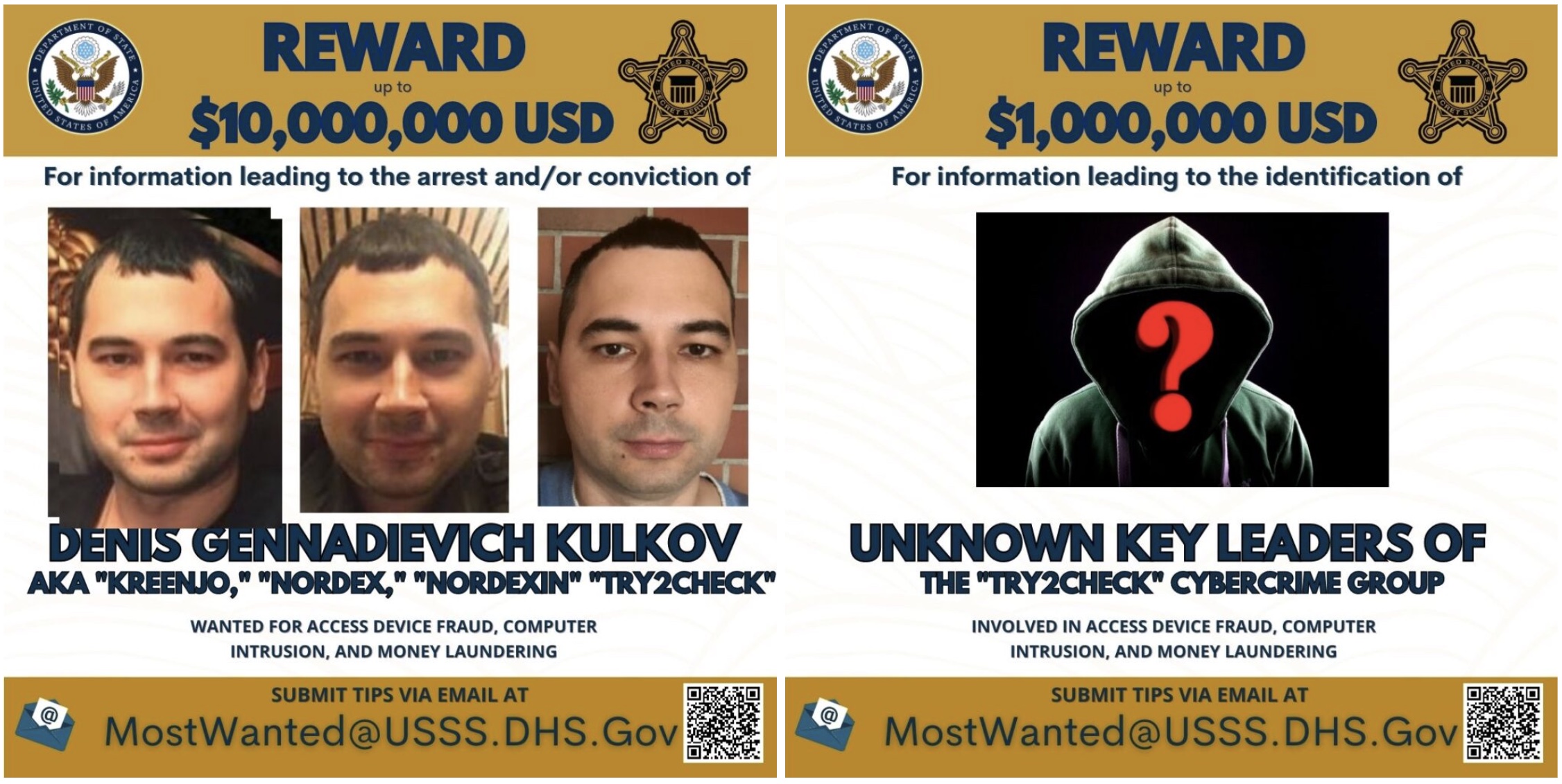 Une photo de Denis Gennadievich Kulkov, le principal suspect dans le stratagème de carte de crédit Try2Check, comme illustré sur un département d'État "recherché" photo.