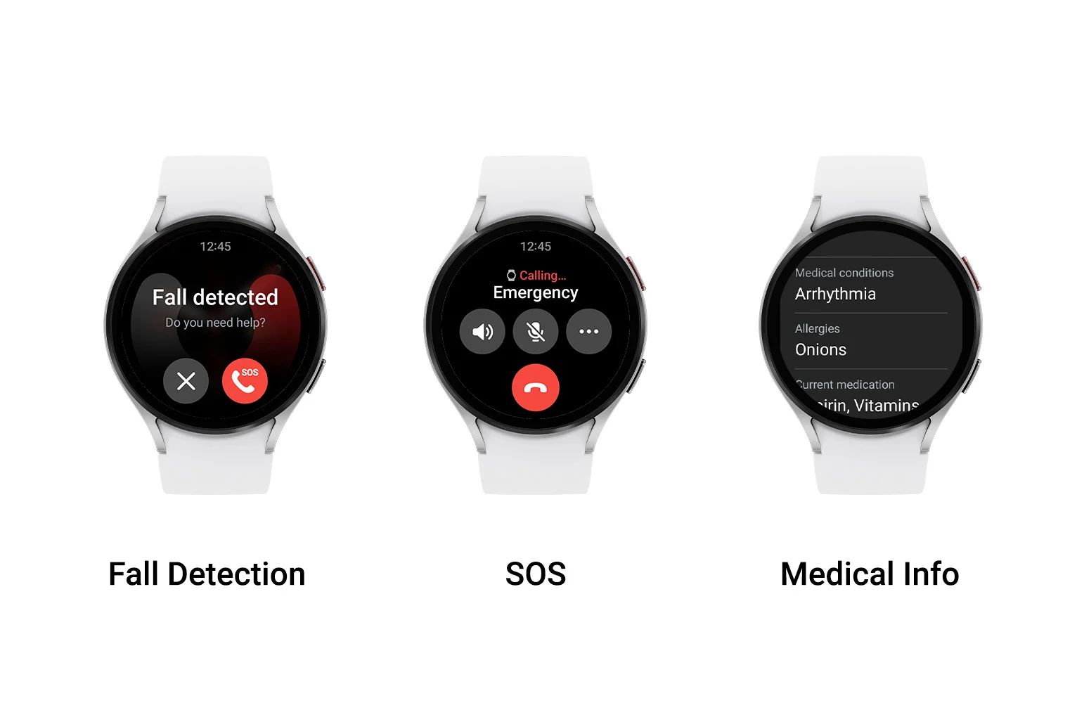 Une photo de produit montrant la détection de chute, la fonction SOS et les écrans d'informations médicales de Samsung One UI 5 Watch.