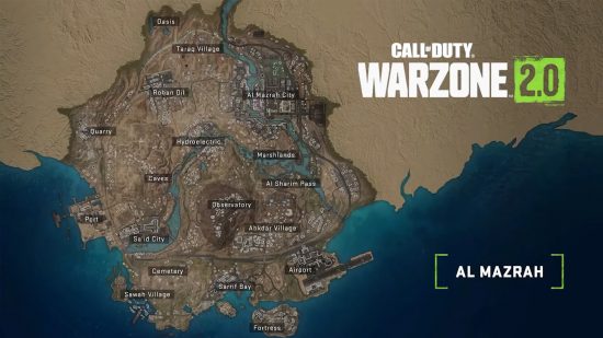 Carte Warzone 2: la carte complète d'Al Mazrah, avec des épingles indiquant les emplacements de chaque point d'intérêt