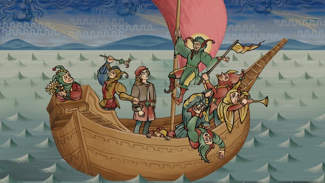 Vente de personnages médiévaux en barque à Pentiment. 