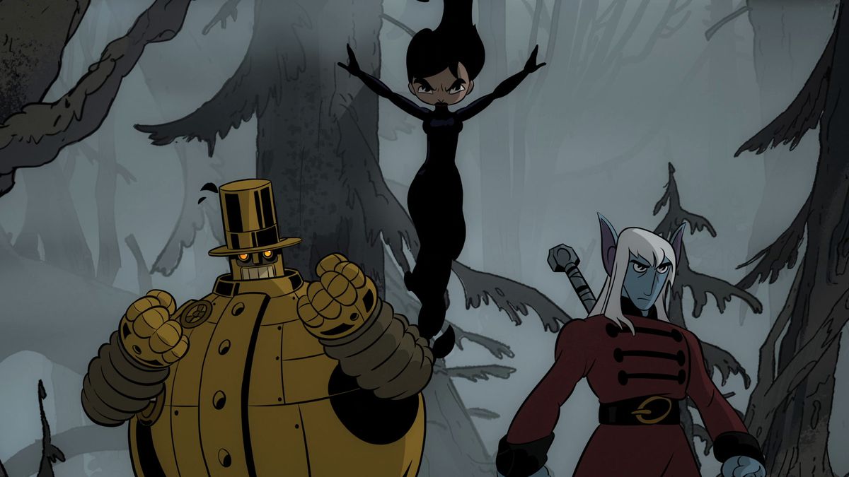 (LR) Un robot steampunk avec un haut-de-forme (Copernicus), une femme aux longs cheveux noirs et flottants avec une silhouette noire unie (Melinda/Emma) et un guerrier elfique aux longs cheveux blancs et aux oreilles pointues (Eldred) dans Unicorn : Warriors Éternel.