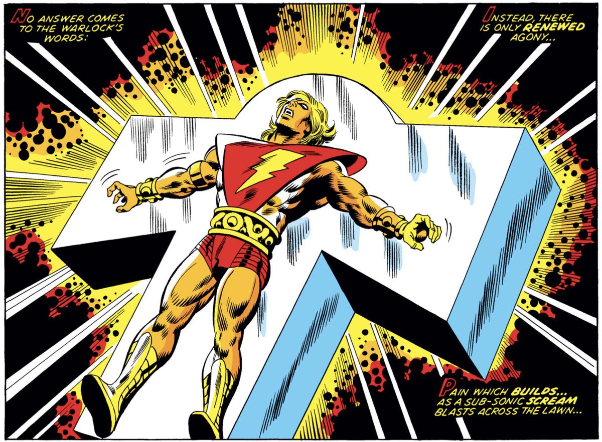 Adam Warlock tremble de douleur sur une plate-forme en forme de croix flamboyante, entouré d'énergie cosmique dans Incredible Hulk # 177 (1974).