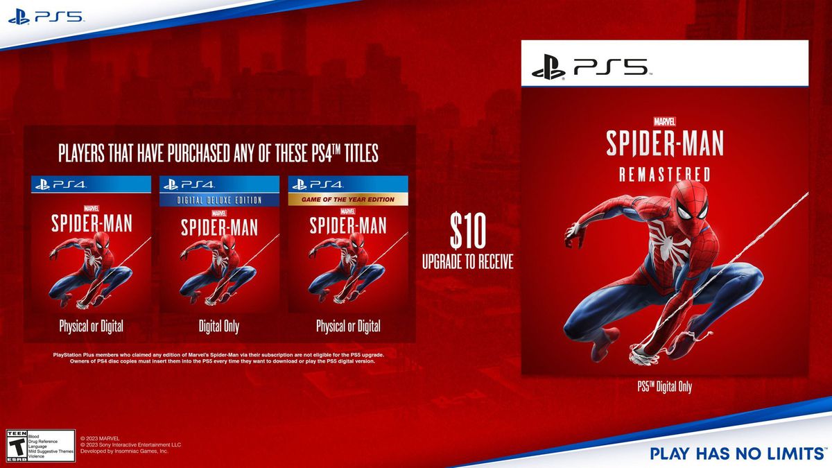 Une capture d'écran montrant que les propriétaires de Marvel's Spider-Man pour PS4 ont droit à une mise à niveau du remaster PS5 pour 10 $.