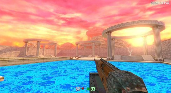 Chop Goblins gameplay of greek columns under sunset sky over pool of water