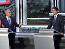 La chef conservatrice Erin O'Toole s'adresse au chef libéral Justin Trudeau lors du débat des chefs francophones aux élections fédérales du 8 septembre 2021.