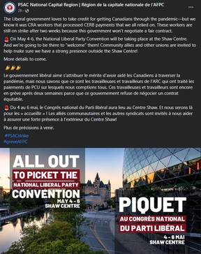 Un message publié sur Facebook par l'aile de la capitale nationale de l'AFPC appelant ses dizaines de milliers de membres à « faire du piquetage » au congrès du Parti libéral du Canada cette semaine.