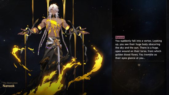 Revue Honkai Star Rail : Un écran de menu RPG traditionnel basé sur du texte dans Simulated Universe, représentant une illustration de Nanook, le dieu de la destruction, saignant une étrange lumière dorée avec un texte de saveur qui l'accompagne.
