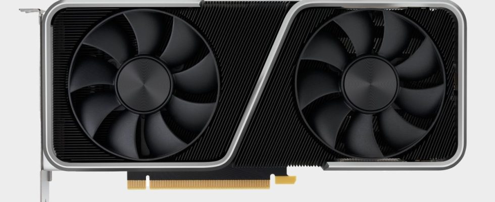 Nvidia RTX 3060 Ti Founders Edition graphics card shot from above, fan view, on a blank background