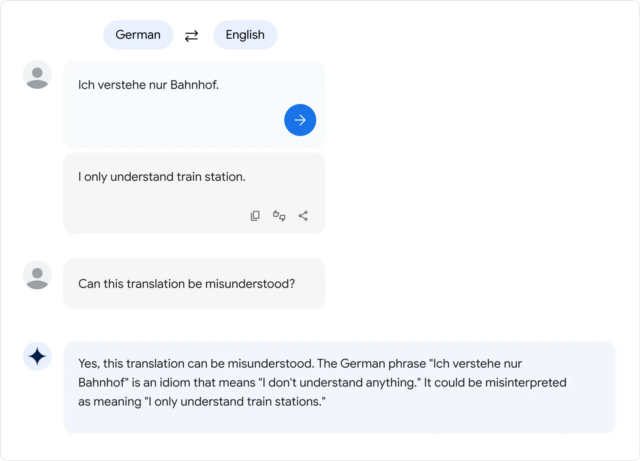 Un exemple fourni par Google de langues de traduction PaLM 2.
