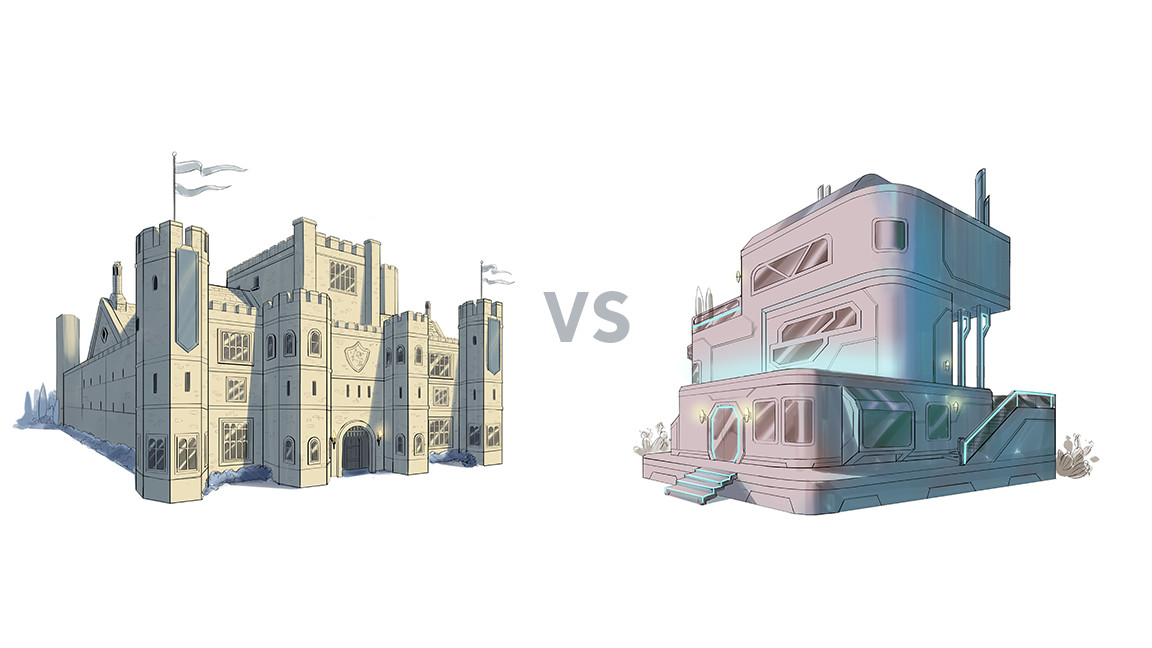 Sur la gauche se trouve l'art conceptuel d'un château médiéval ;  sur la droite se trouve l'art conceptuel d'une habitation high-tech aux allures d'espace.