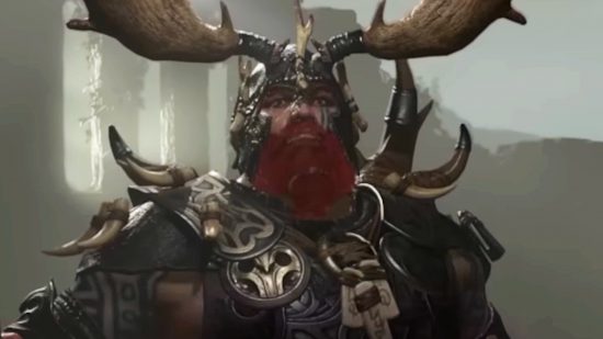 Diablo 4 Ashava - Un druide avec un casque à bois et une grande barbe rousse