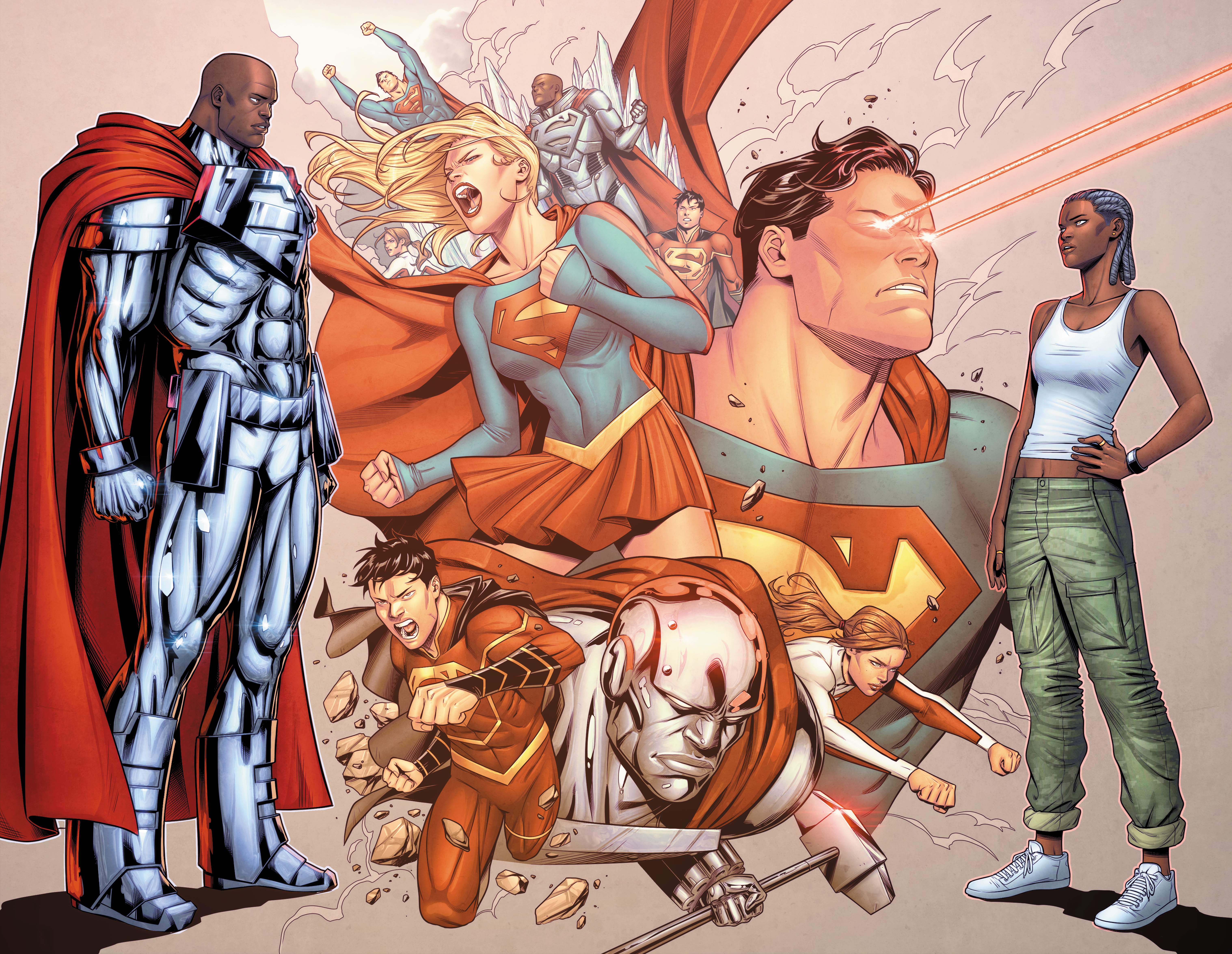 Steel et Natasha Irons, avec d'autres héros entre eux.