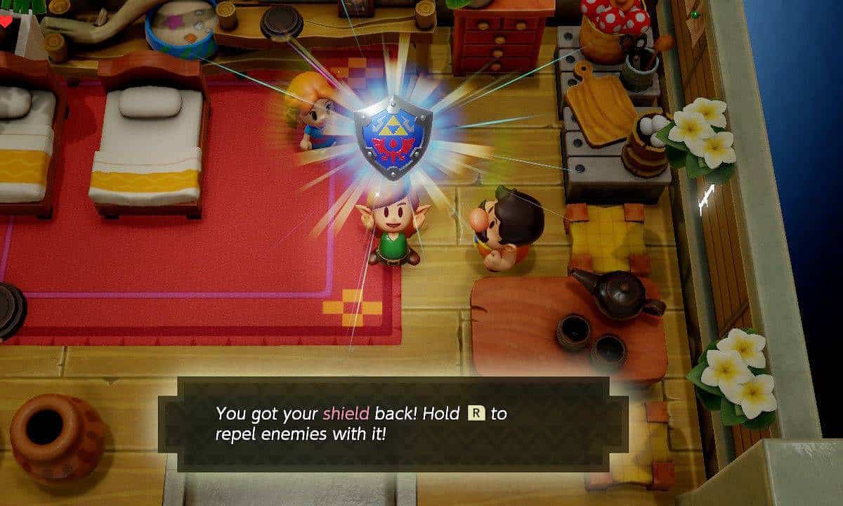 Un guide de Zelda: Link tenant le bouclier Hylian dans une chambre à coucher dans Link's Awakening.