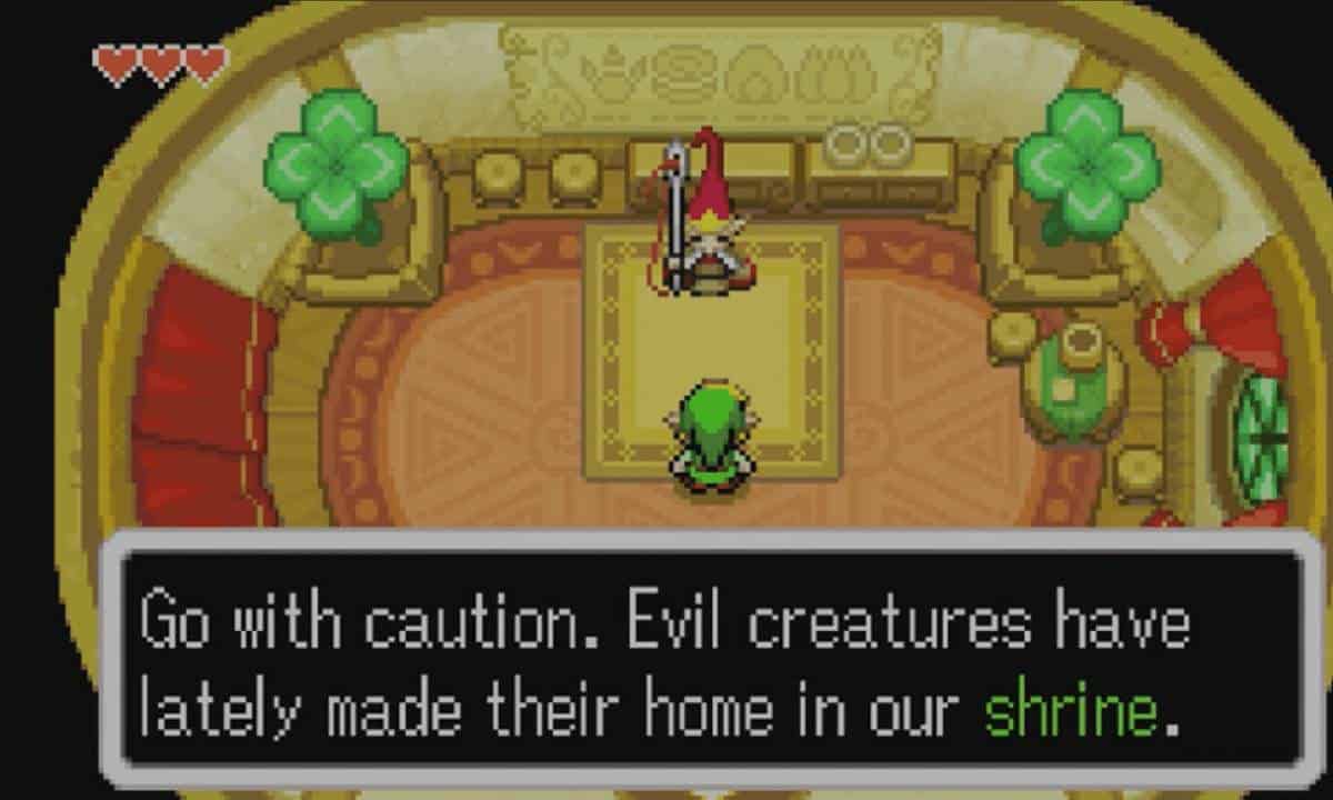 Un guide de Zelda: Link étant averti des créatures maléfiques dans The Minish Cap.