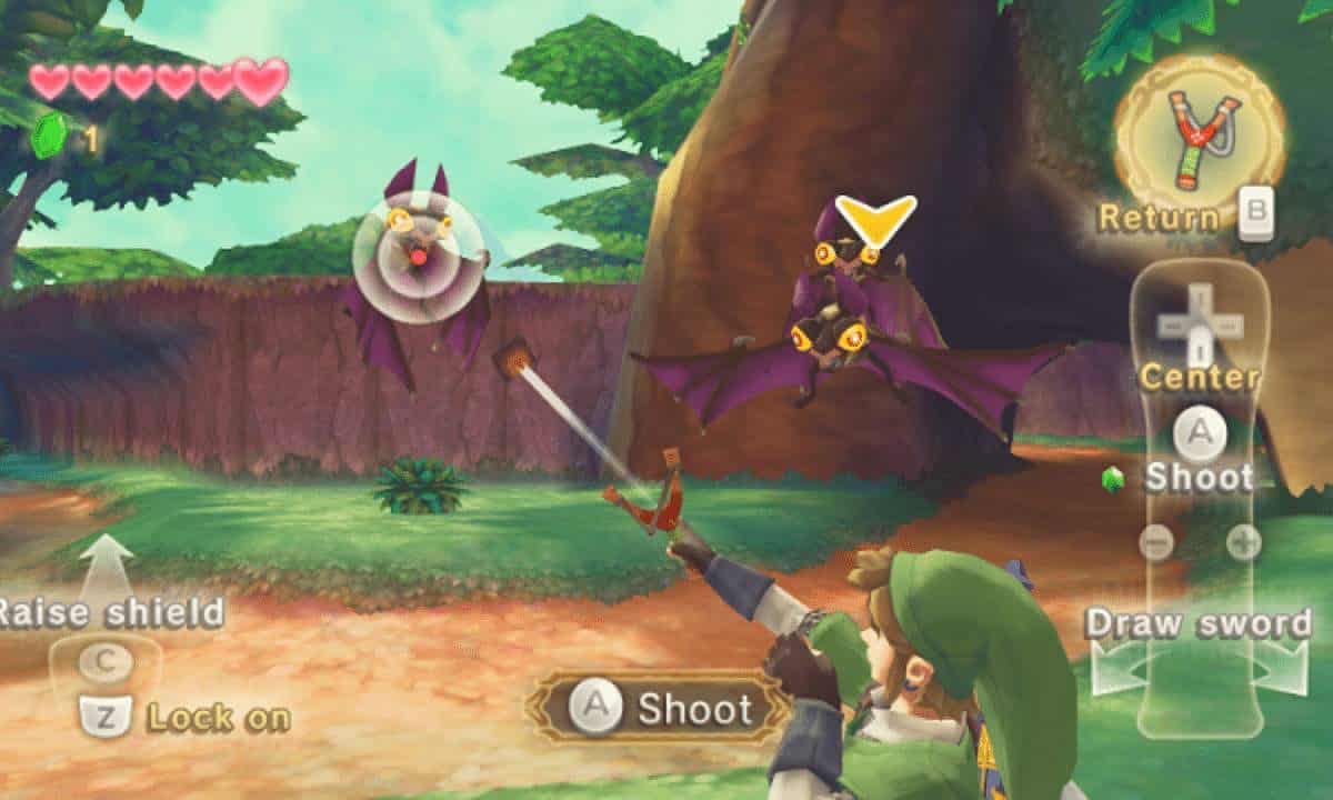 Un guide de Zelda: Link tirant une fronde sur certaines créatures ailées dans Skyward Sword.