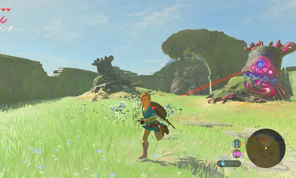 Un guide de Zelda: Link fuyant un gardien dans Breath of the Wild.