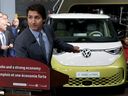 Le premier ministre Justin Trudeau assiste à une conférence de presse pour annoncer les détails de la construction d'une giga-usine pour la production de batteries de véhicules électriques par la société de batteries du groupe Volkswagen PowerCo SE à St. Thomas, en Ontario, le 21 avril 2023.