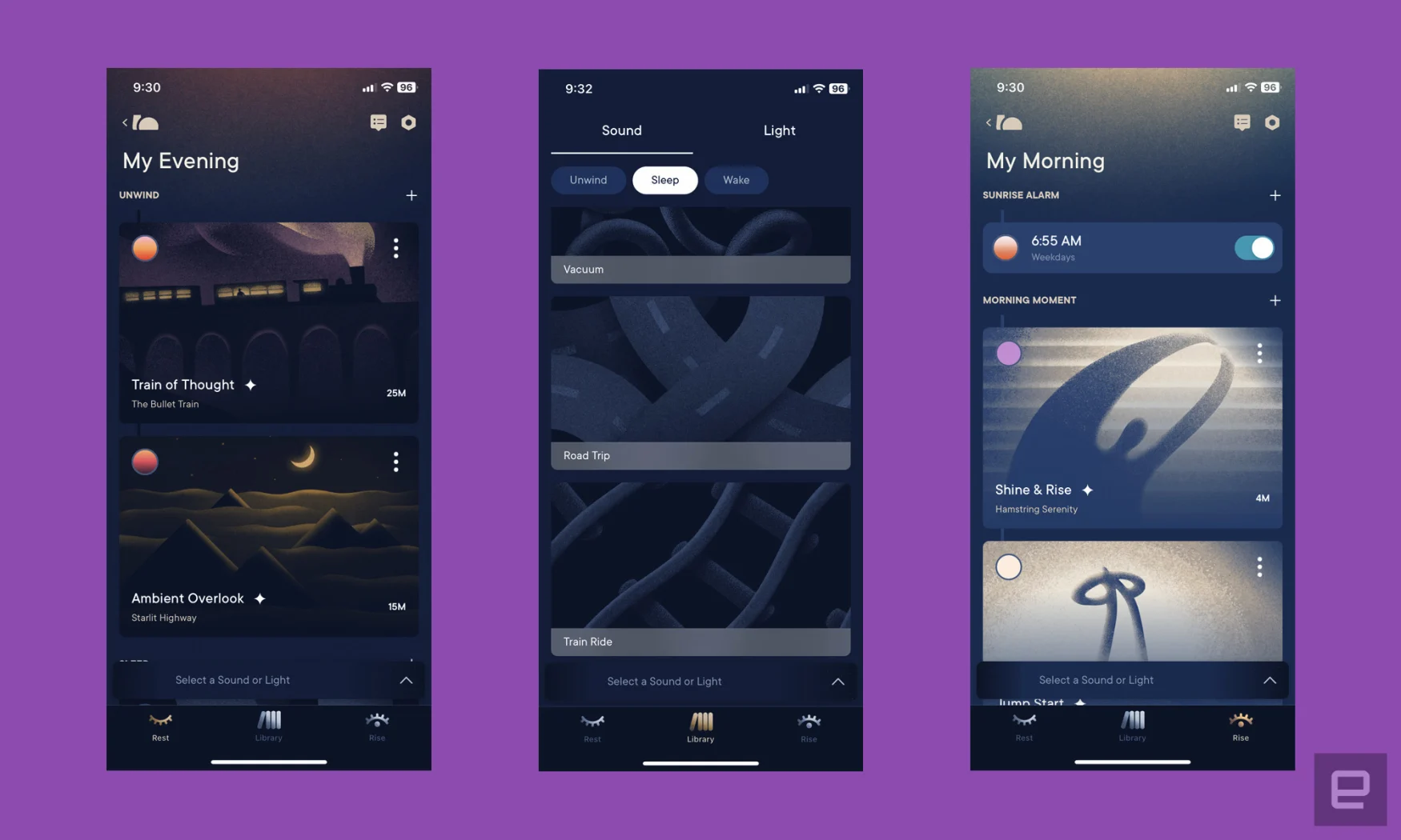 Trois captures d'écran de l'application Hatch Sleep montrent les options de contenu du soir, du sommeil et du réveil.  Les sélections incluent des histoires de train, du bruit blanc sur la route et une routine d'étirement du matin. 