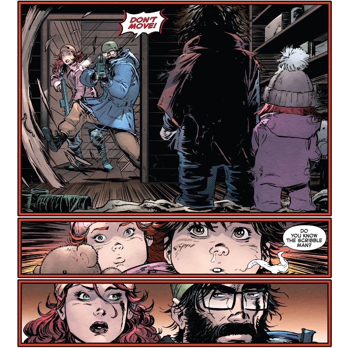« Ne bougez pas !  Mary Jane et son compagnon crient en défonçant une porte de cabine et en tirant des armes sur deux jeunes enfants.  « Connaissez-vous le Scribble Man ?  demande le petit garçon, dans The Amazing Spider-Man #25 (2023).