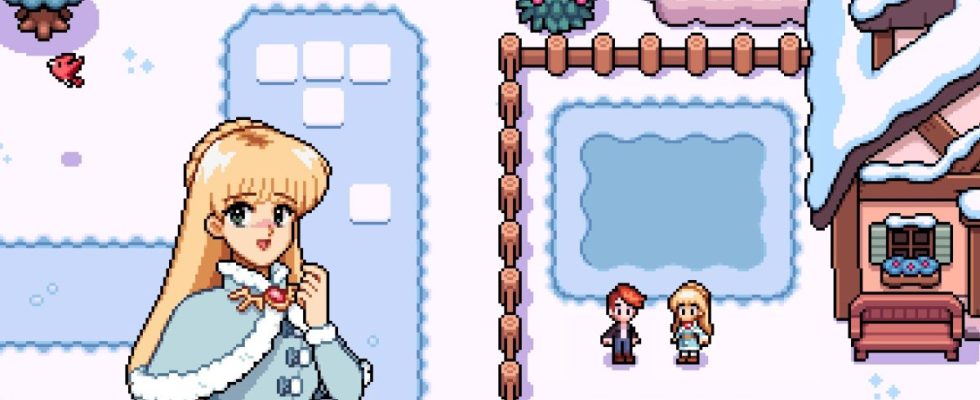 Fields of Mistria - a character with blonde hair and a furry coat stands in the snow talking to the player near a house
