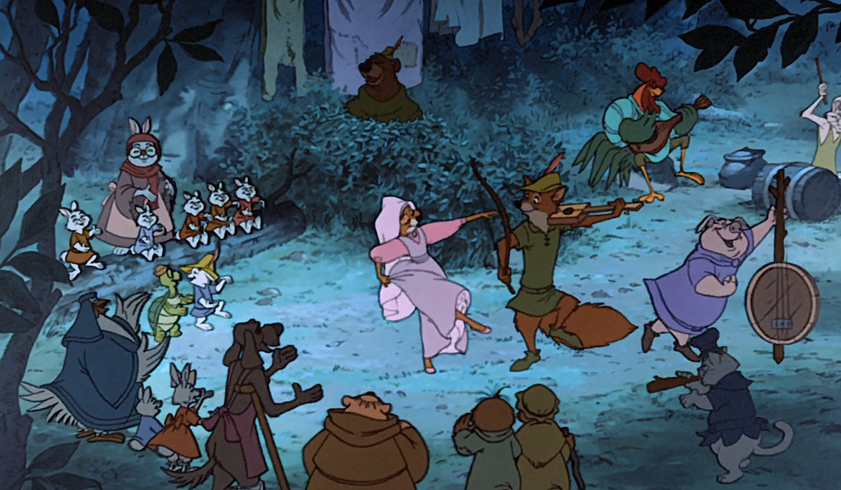 Lors d'une célébration dans le film d'animation Robin Hood de Disney de 1973, des lapins anthropomorphes, des hiboux, un coq, un cochon, un chat et d'autres personnages dansent et chantent ensemble dans la forêt