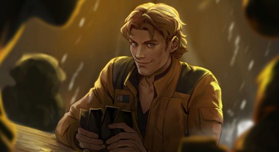 Artwork of Han Solo smirking from behind cards in Star Wars: Unlimited