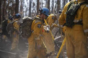 Des membres du 41e Groupe-brigade du Canada (CBG) aux côtés de l'Alberta Wildfire et des pompiers locaux participent à des opérations de prévention des incendies à Drayton Valley, en Alberta, le 14 mai 2023, à l'appui de l'opération LENTUS 23.