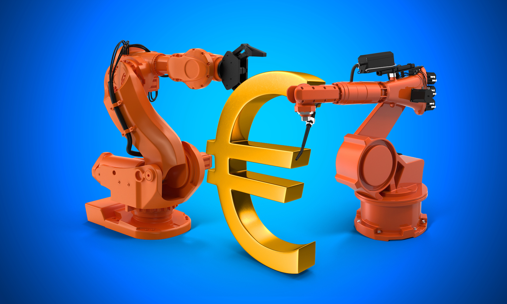Rendu 3D deux bras robotique fabrication signe euro comme un concept abstrait en fond jaune