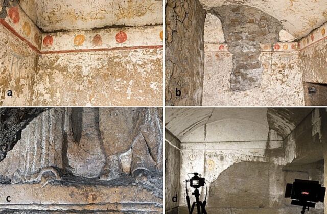 a) Fragments de chambres funéraires grecques ;  (b) l'Ipogeo dei Melograni;  (c) L'Ipogeo dei Togati;  (d) une autre chambre décrite par l'archéologue Michele Ruggiero en 1888.