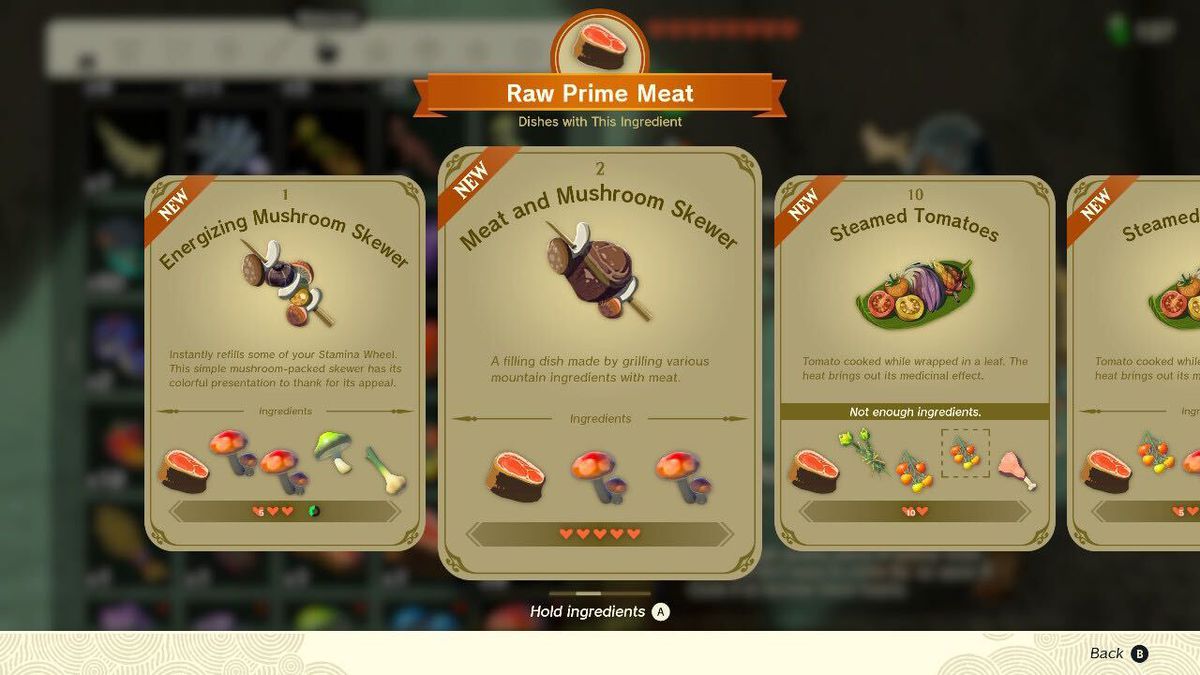 Une image qui montre une sélection de recettes dans Zelda : Tears of the Kingdom.  Une recette montre une recette pour un plat de brochettes de viande et de champignons qui nécessite de la viande et deux champignons hyliens.